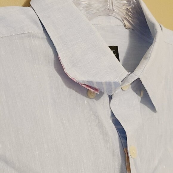 MINE | Men's Blue Multicolored Placket 100% Linen Button-Down Shirt (Size Large) - Picture 5 of 12